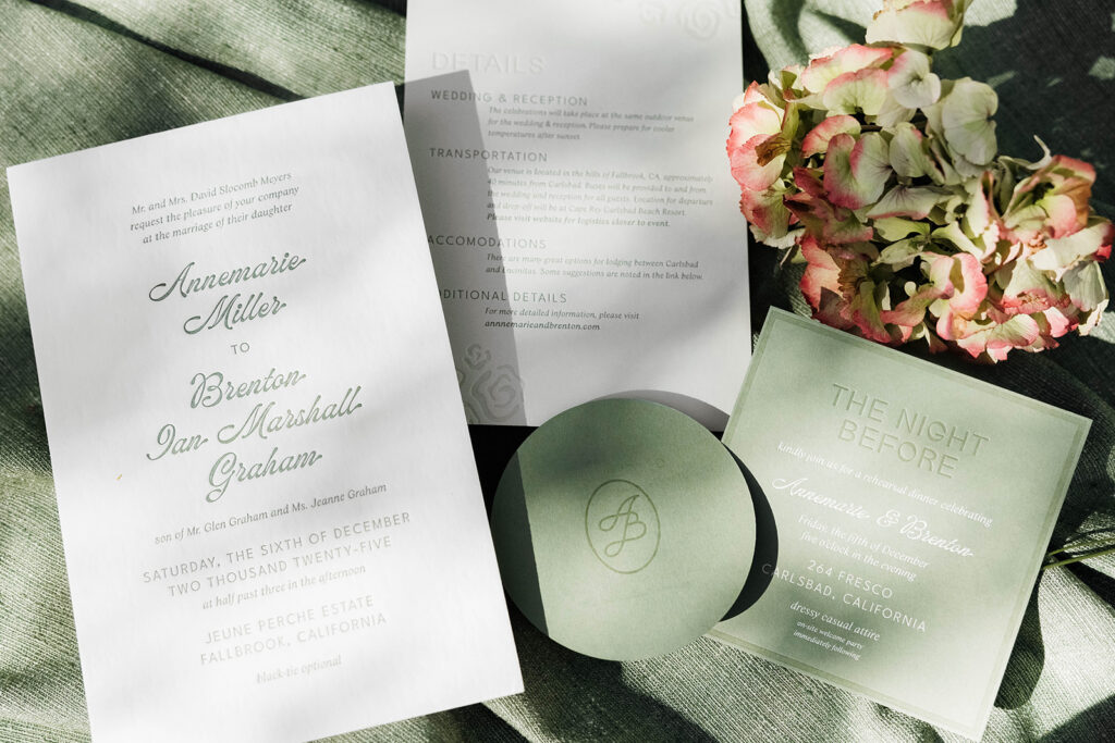 elegant white and green invitation suite
