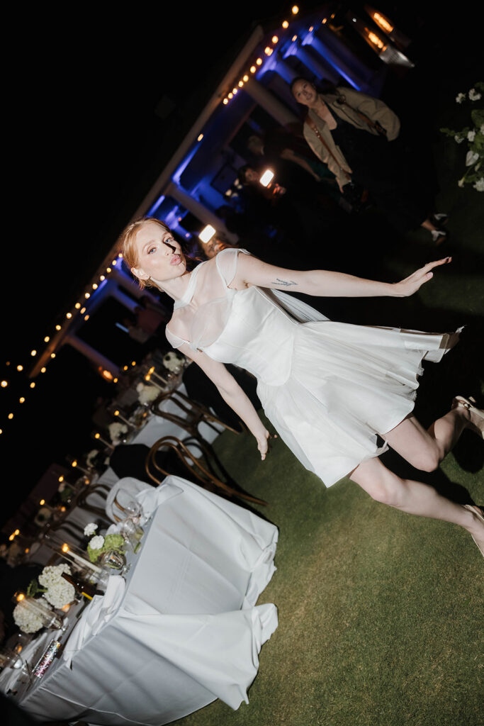 bride in a shorter wedding reception dress