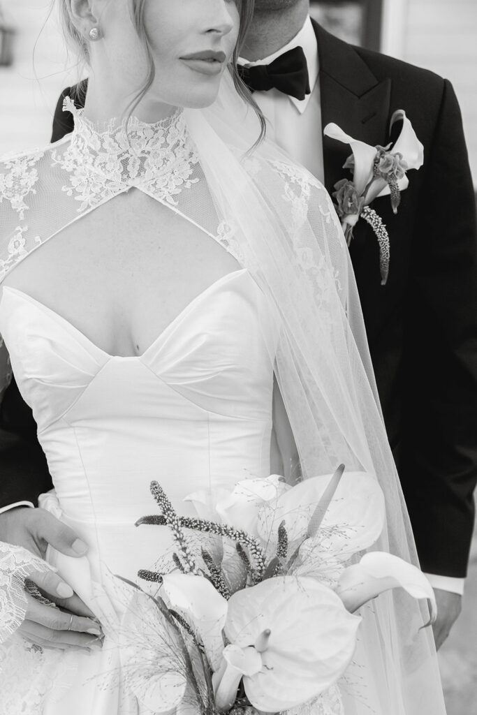 bride and groom in front of the Morgan Estate