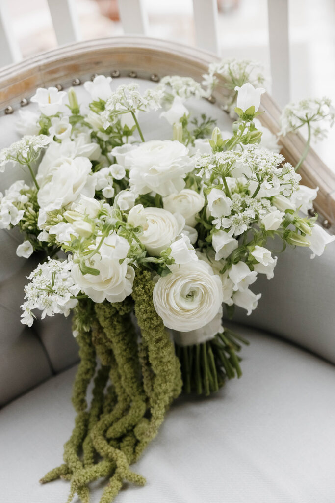 bridal bouquet laid on the chair