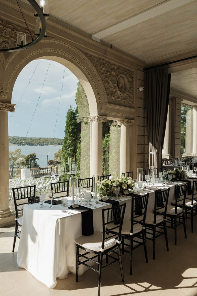 stone manor indoor wedding reception set up with elegant table designs