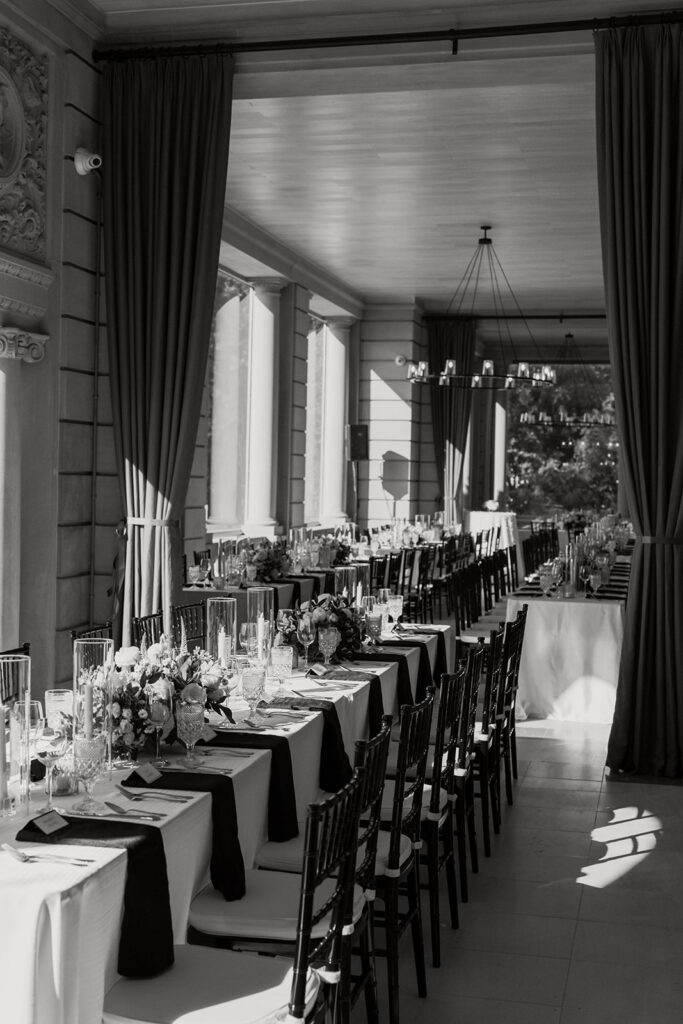 stone manor indoor wedding reception set up with elegant table designs