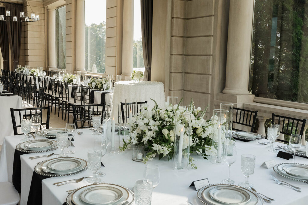 stone manor indoor wedding reception set up with elegant table designs