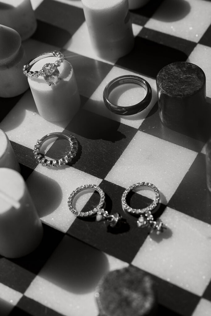 elegant wedding detail flatlay of the ring set
