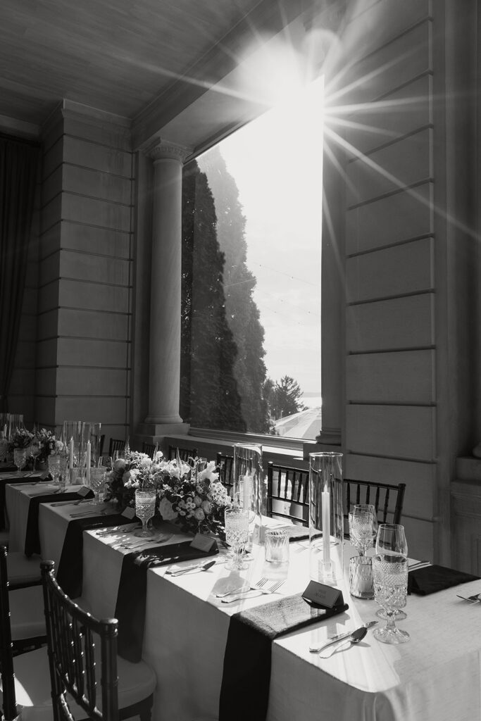 stone manor indoor wedding reception set up with elegant table designs