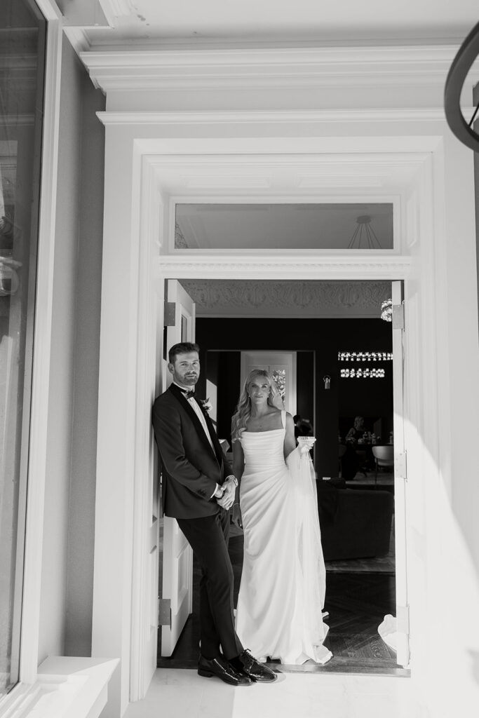 bride and groom indoor portraits at stone manor, wi