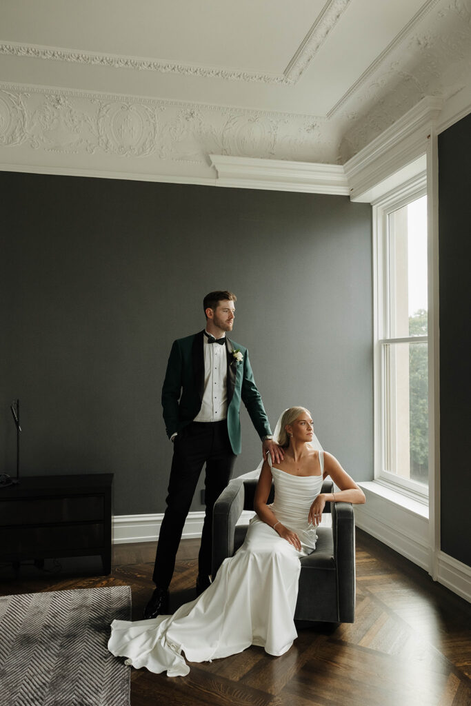 bride and groom indoor portraits at stone manor, wi