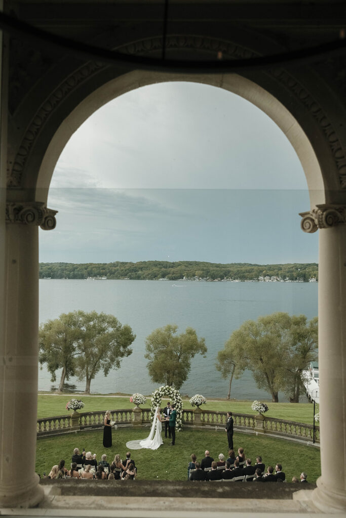 gorgeous outdoor wedding ceremony at Stone Manor in front of Lake Geneva