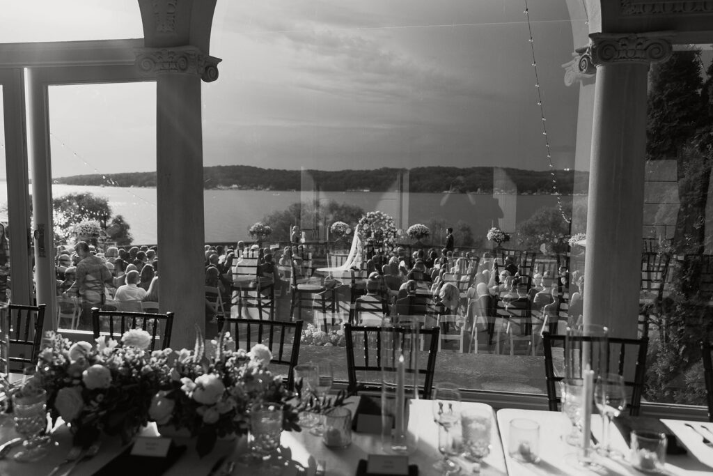 wedding ceremony through the venue window