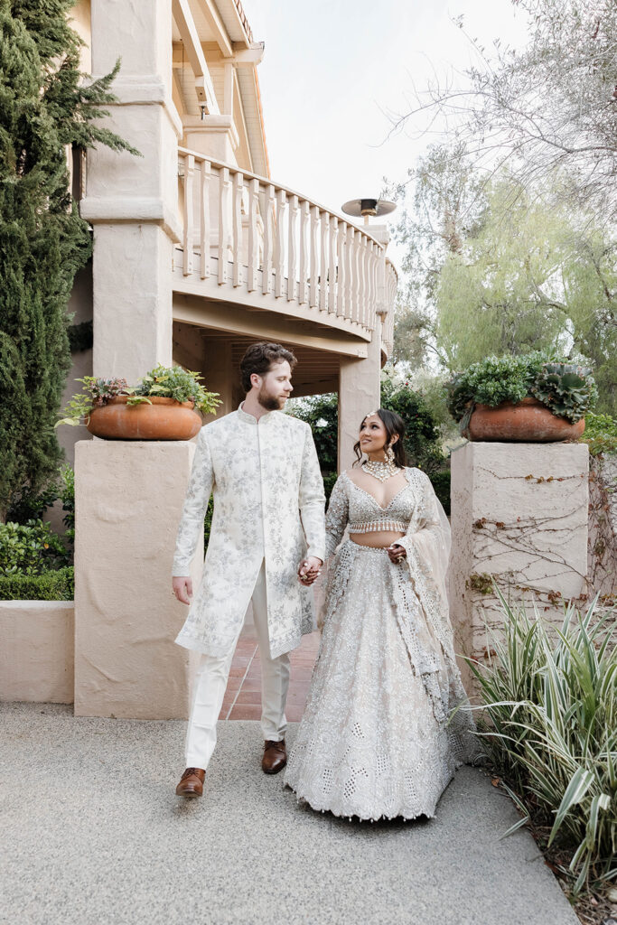 bride and groom in traditional indian wedding attire during their Multicultural Rancho Bernardo Inn Wedding Weekend