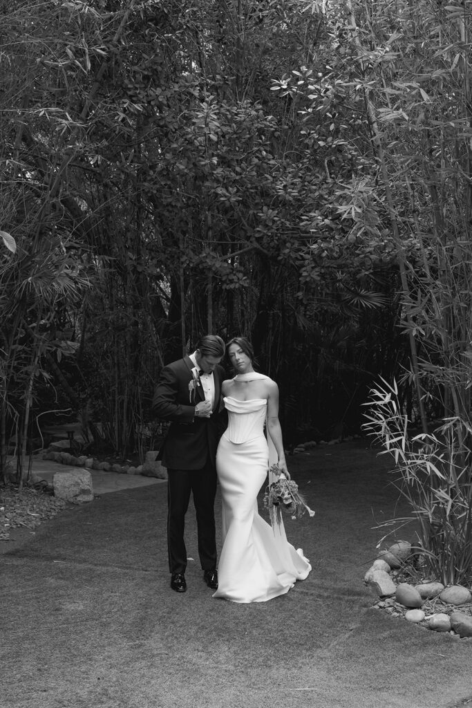 bride and groom during their romantic garden wedding at the Botanica wedding venue in Oceanside, CA