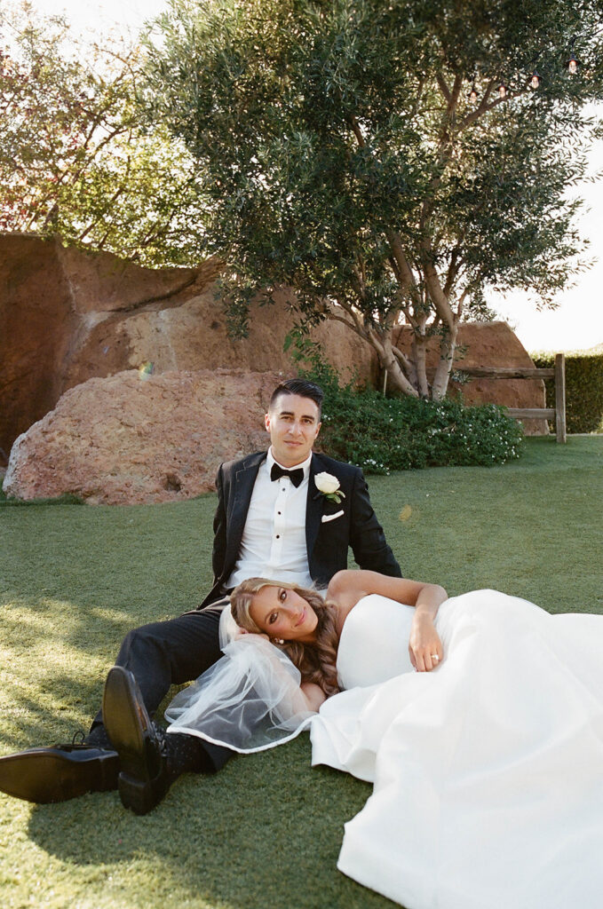 bride and groom on the lawn at cielo farms